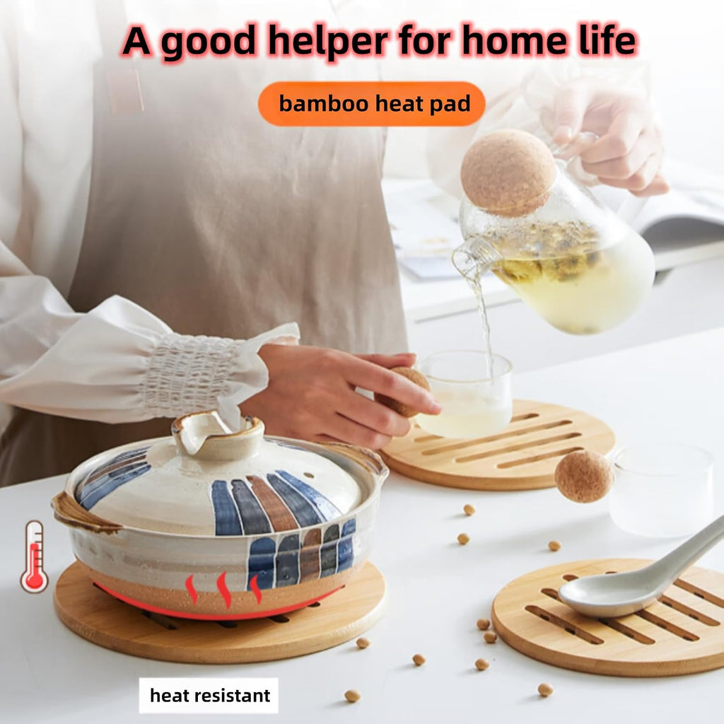 Hot Pads Trivet,Table Solid Bamboo Wood Trivets for Hot Dishes and Pot with Non-Slip Pads Heat Resistant Pads Teapot - Set of 4