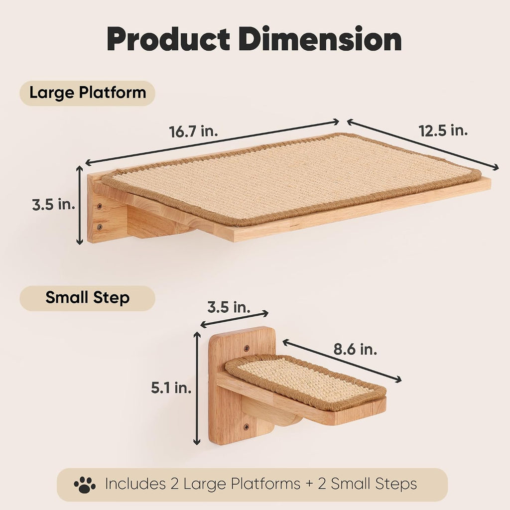 Cat Wall Shelves 4 Set, Solid Rubber Wood Shelf with Sisal Mat