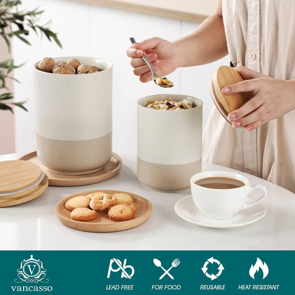 Sabine Kitchen Canister, Ceramic Food Storage Containers with Airtight Wood Lids, Countertop & Pantry - Set of 3
