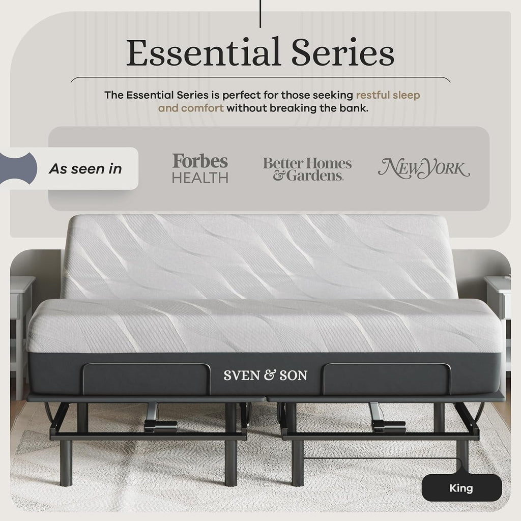 Sven and Son Essential Adjustable Bed Base (Frame) + 12 inch Memory Foam Matt (Medium), Easy Assembly, Head and Foot