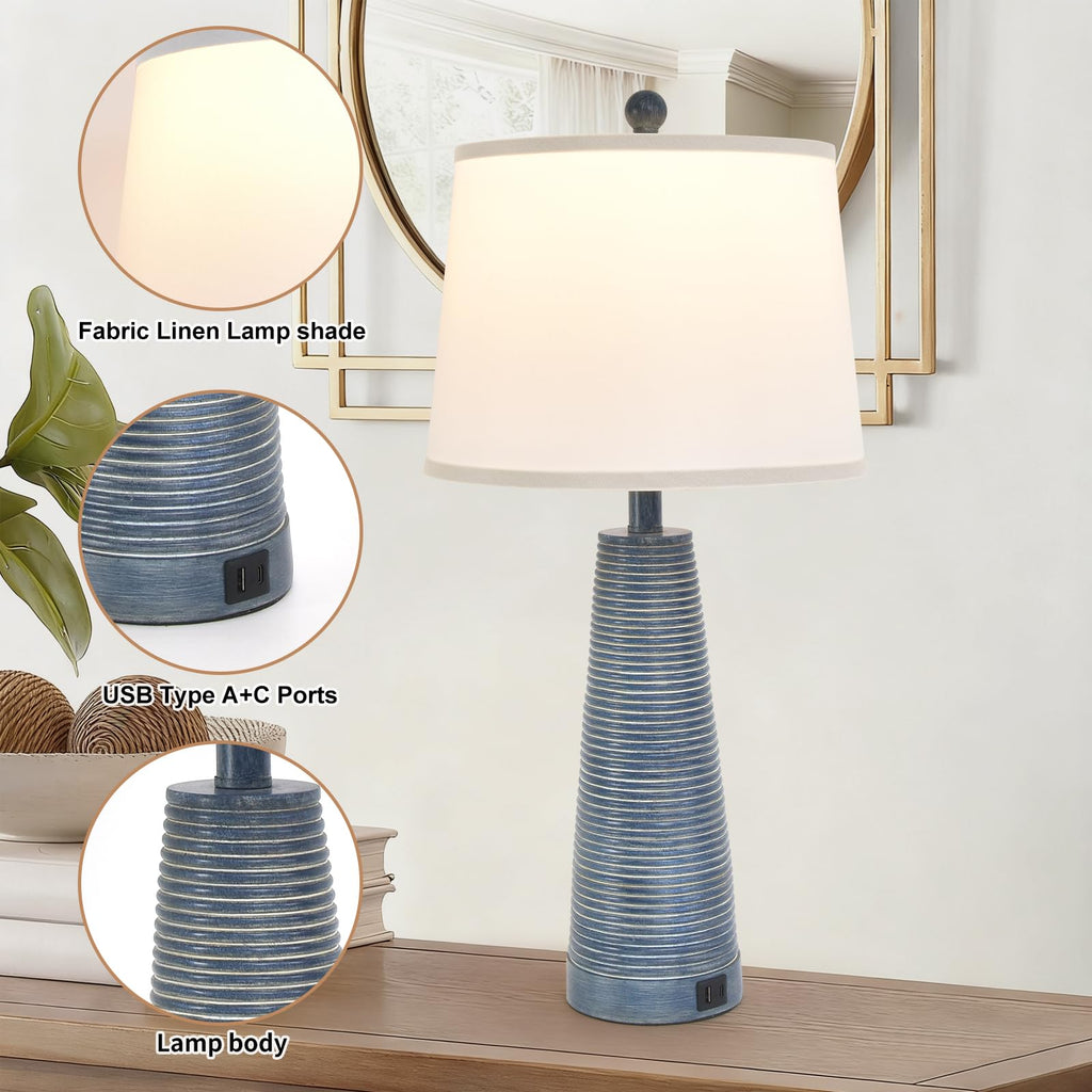 Nightstand Lamp Bedside Lamps Vintage Rustic Farmhouse Table Lamp 3 Way Dimmable Horizontal Stripe Light, Bedroom, USB