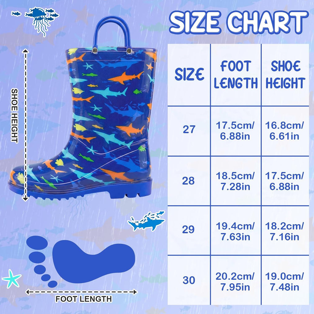 Kids Rain Boots for Boys Rain Boots Dinosaur Shark Rainboots Toddler Boy Waterproof Lightweight Easy-On Handles