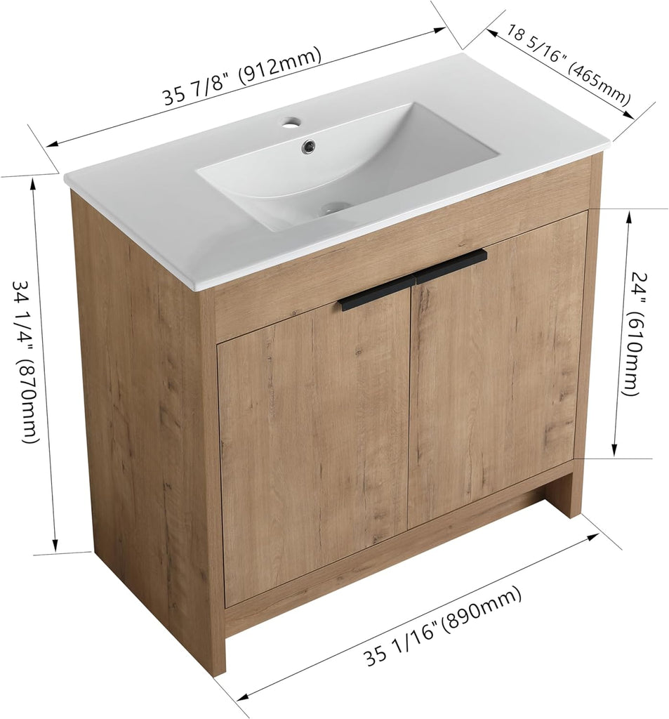 SSLine 36-Inch Bathroom Vanity with Sink Mid-Century Bathroom Vanities with Top Basin Floor Wood Bathroom Sink Cabinet