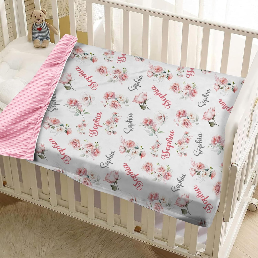 Personalized Baby Blankets with Name - Custom Pink Floral Pattern Baby Girl Blanket - Soft Minky Dot Blanket