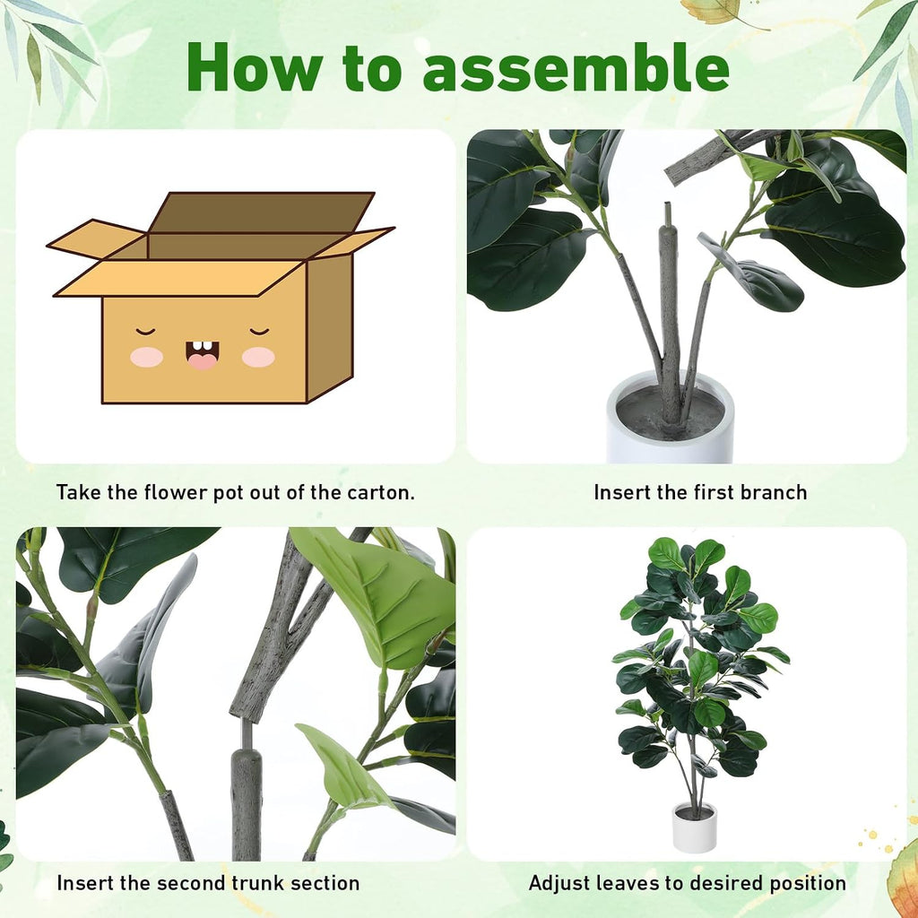 Artificial Fiddle Leaf Fig Tree 5ft Tall Artificial Plants Indoor Fake Ficus Lyrata with White Planter Faux - Set of 2