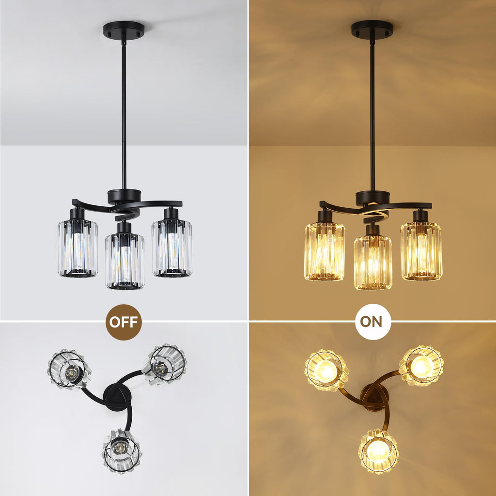 3 Light Black Crystal Chandelier, Glam Pendant