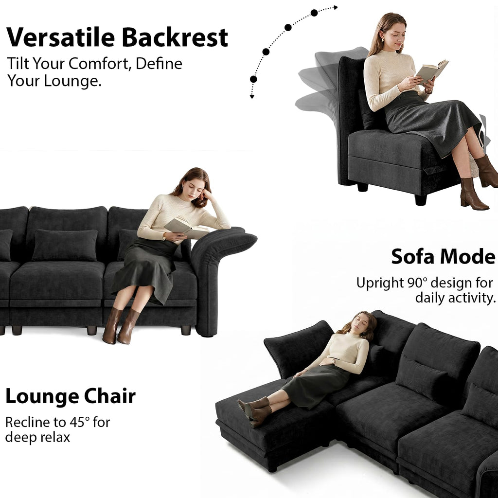8 Seater Sectional Couches with Hidden Storage, Adjustable Armrest, Black Chenille Modular Sectional Sofa with Plush