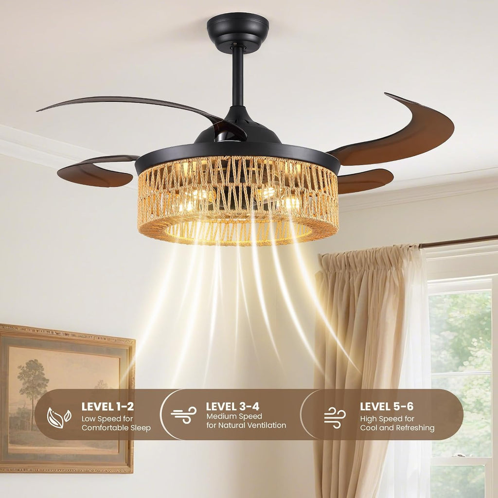 48 Inch Retractable Ceiling Fans with Lights and Remote, Boho Caged Farmhouse Ceiling Fan, Invisible Rattan Fandelier