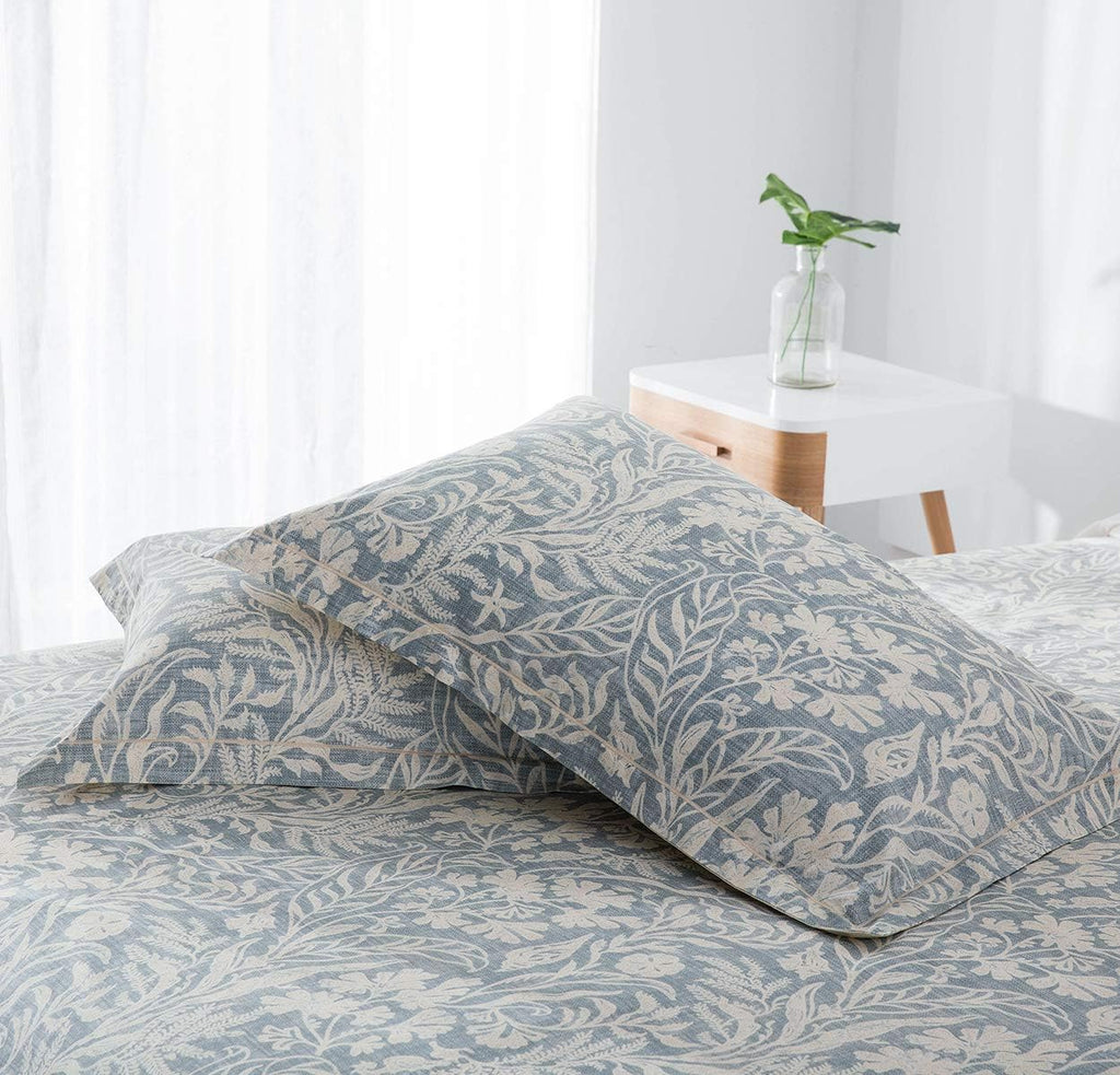 Duvet Cover King, 600 Thread Count Cotton Beige & Bluish Grey Printed with Luxurious Leaves Pattern Reversible