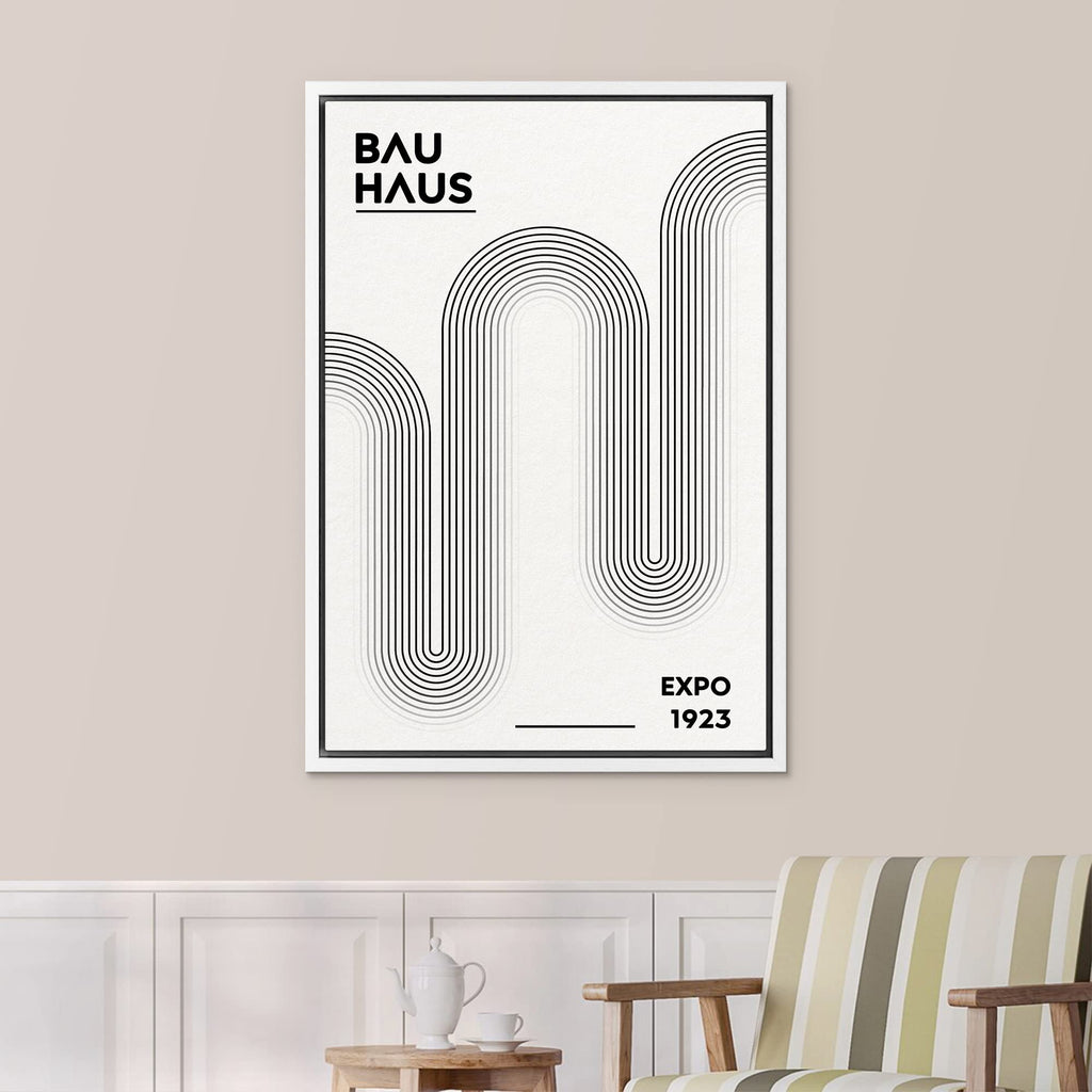 Framed Canvas Print Wall Art Bauhaus Geometric Black Color Wave Abstract Shapes Illustrations Modern Decorative