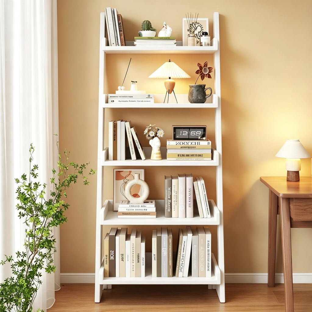 Ladder Bookshelf, 5-Tier Modern Wooden Leaning Book Shelf with Baffle