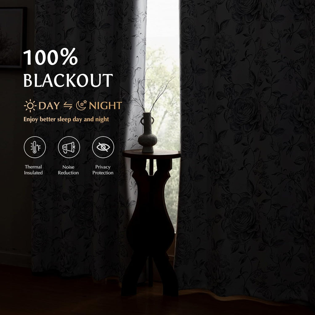 Floral 100% Blackout Curtains 84 Inches Long 2 Panels for Bedroom Living Room Grey White Farmhouse Rose Flower