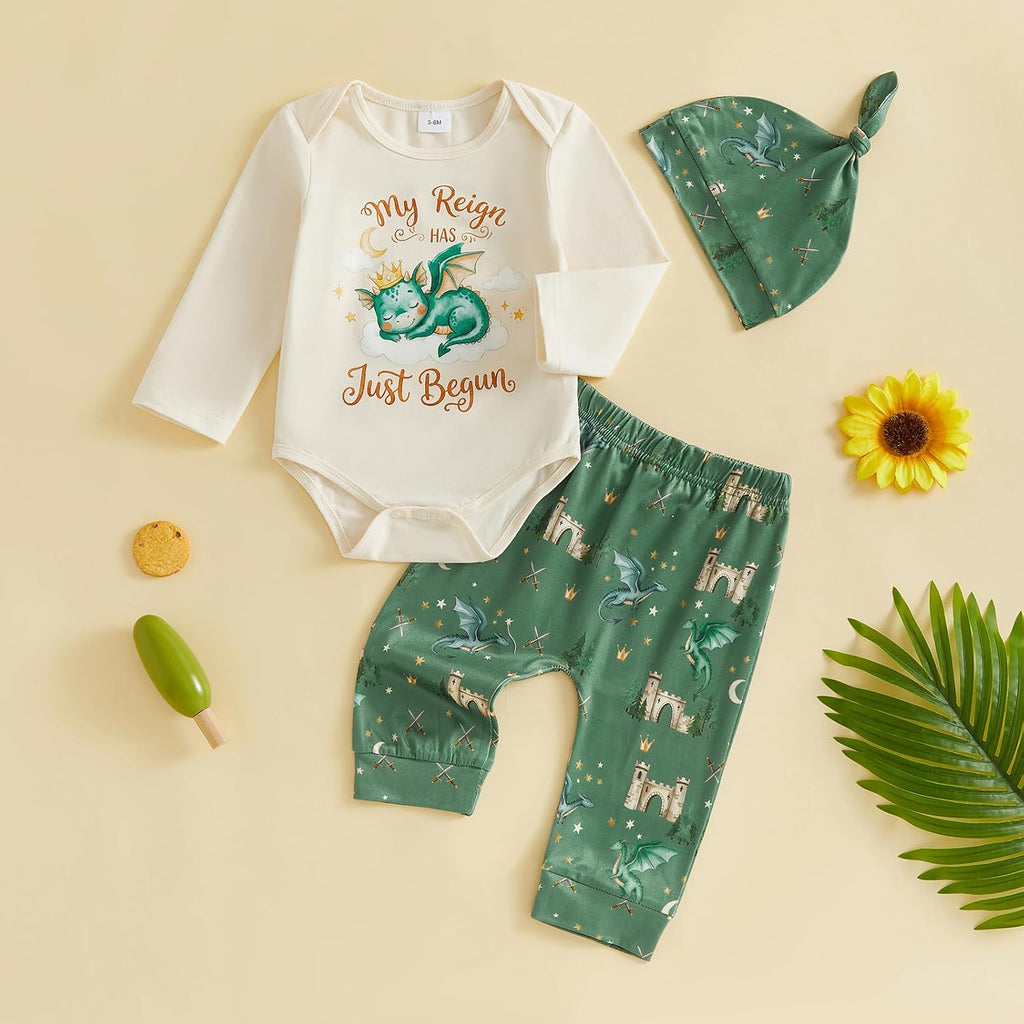 Newborn Baby Boy Fall Clothes Dragon Bear Romper Pants Set with Hat