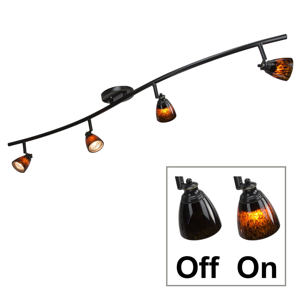 4 Lights Fixed Track Lighting Kit - Dark Bronze Finish - Brown Glass Shade - Wave Bar