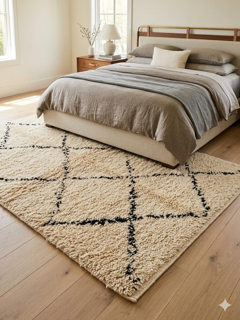 Handmade Moroccan Berber Area Rug 6' x 9', 100% Wool High Pile Shag, Ivory/Cream with Charcoal Fine Diamond Pattern