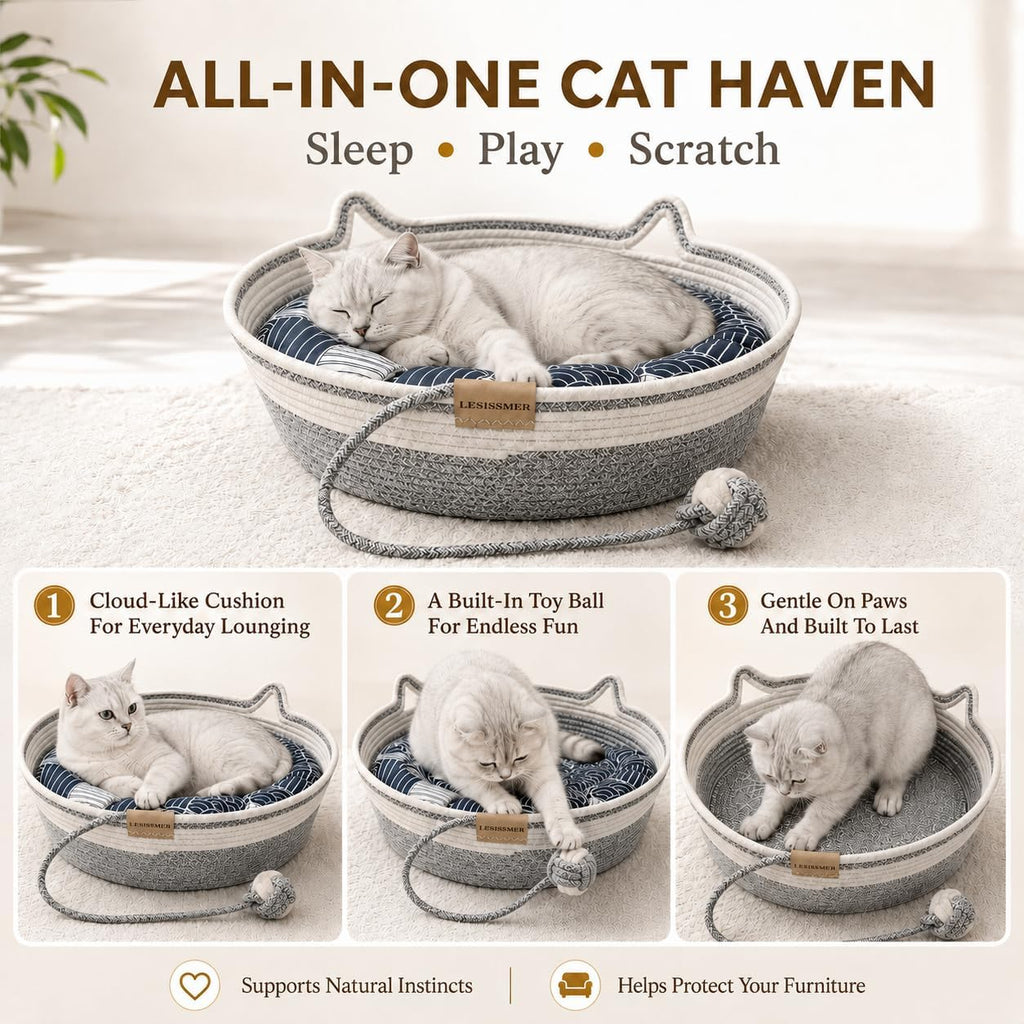 Cat Bed Basket for Indoor Cats Handwoven Cotton Rope with Cushion (Grey)