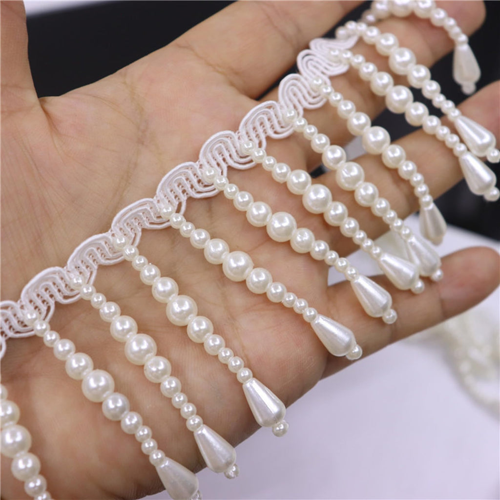 Pearl Fringe Trim with Teardrop Beads - Decorative Lace for Clothing, Lampshades, Curtains, and DIY Crafts - 1 Yard