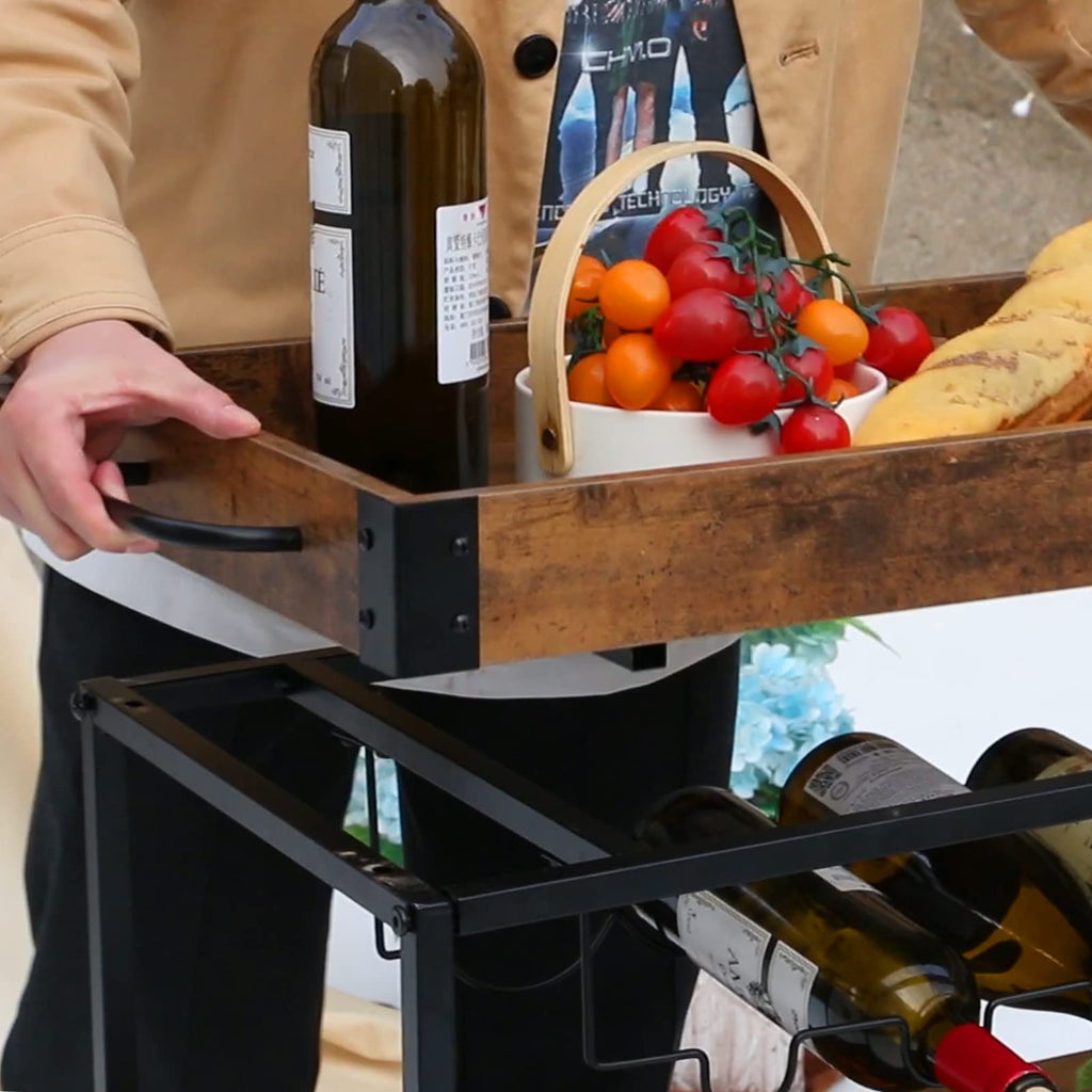 Bar Cart Serving Wine 3 Tier Home Rolling Rack with Wheels Mobile Kitchen Industrial Vintage Style Wood Metal Serving