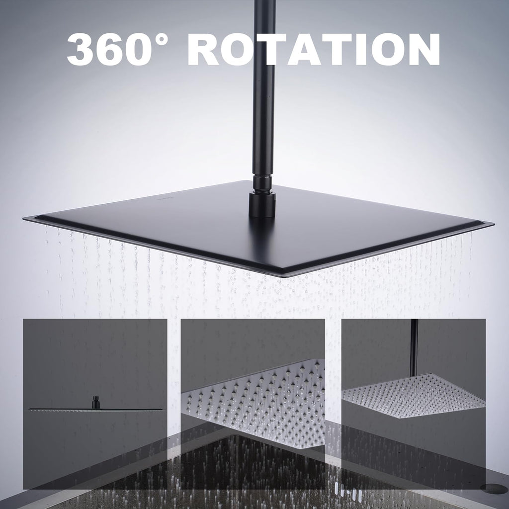 Shower Head,16 Inch Ultra Thin High Pressure Fixed Rain Showerhead Matte Black with Silicone Nozzle - Adjustable