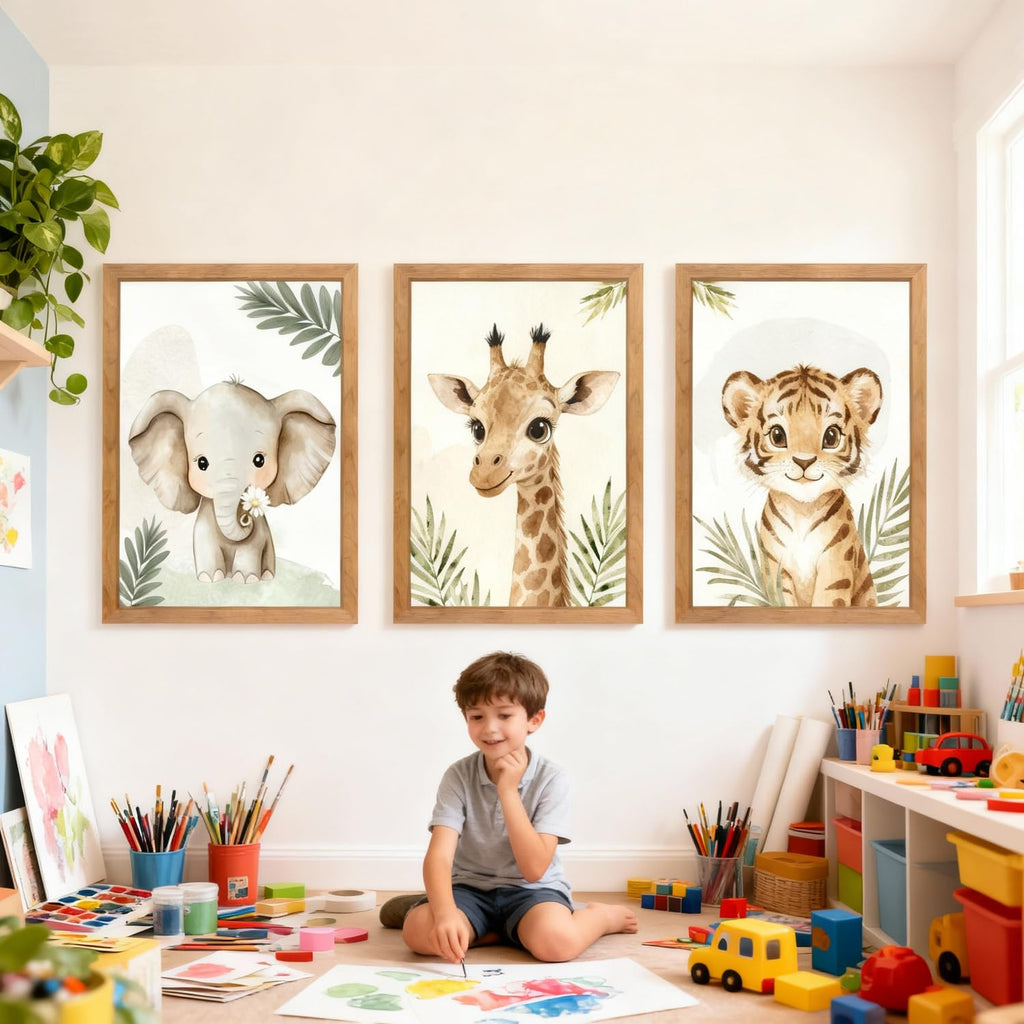 3 Set Safari Nursery Wall Decor, 11x16 Inch Framed Cute Giraffe Elephant Tiger Print Sign, Jungle Theme Cartoon