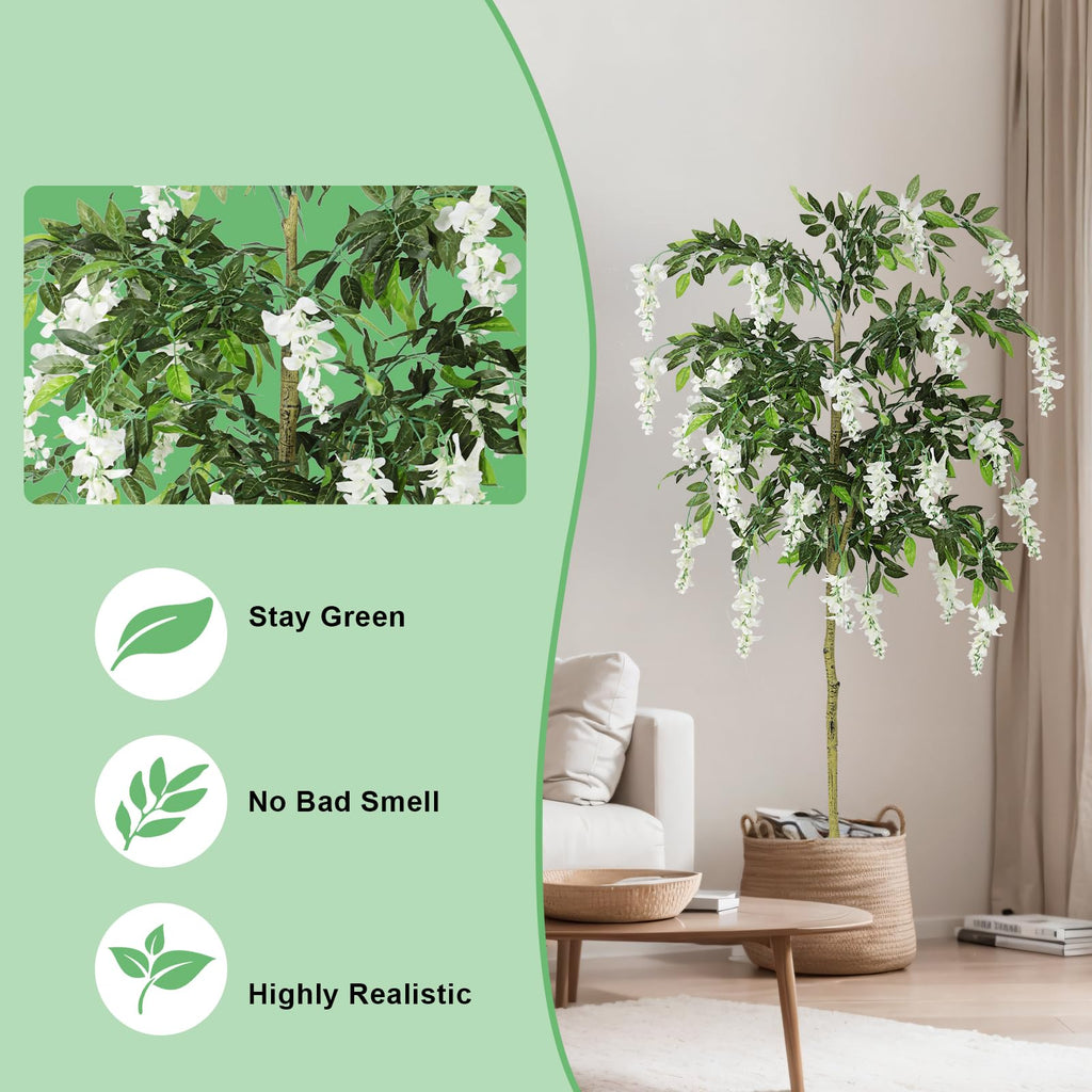6FT Ficus Tree Artificial Indoor, Tall Fake Wisteria Tree Pot