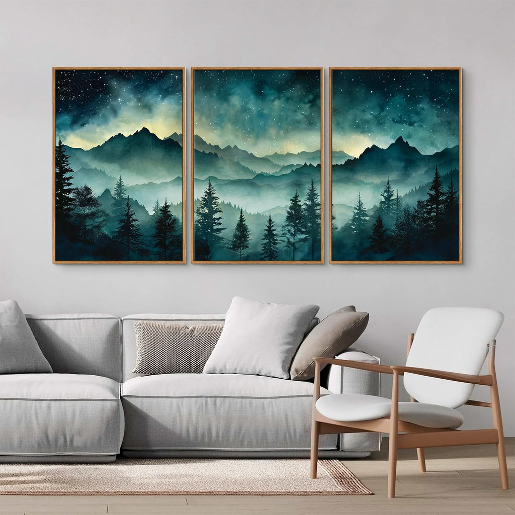 Misty Mountain Framed Canvas Wall Art, Nature Forest Green Pine Tree Wall Decor, Starry Night Art Paintings, Modern