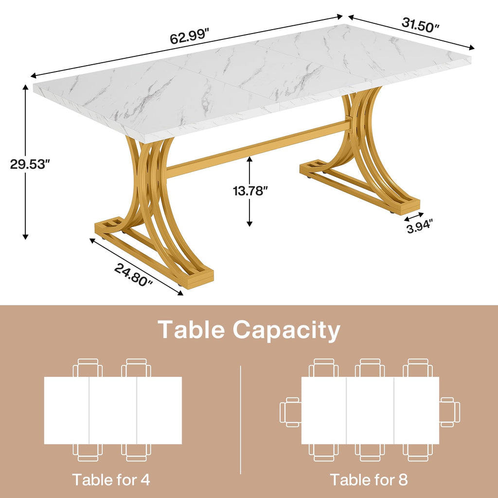 63-Inch Rectangular Dining Table for 4 to 6, Modern Kitchen Tables with Stylish Metal Trestle Legs, Large Dinner