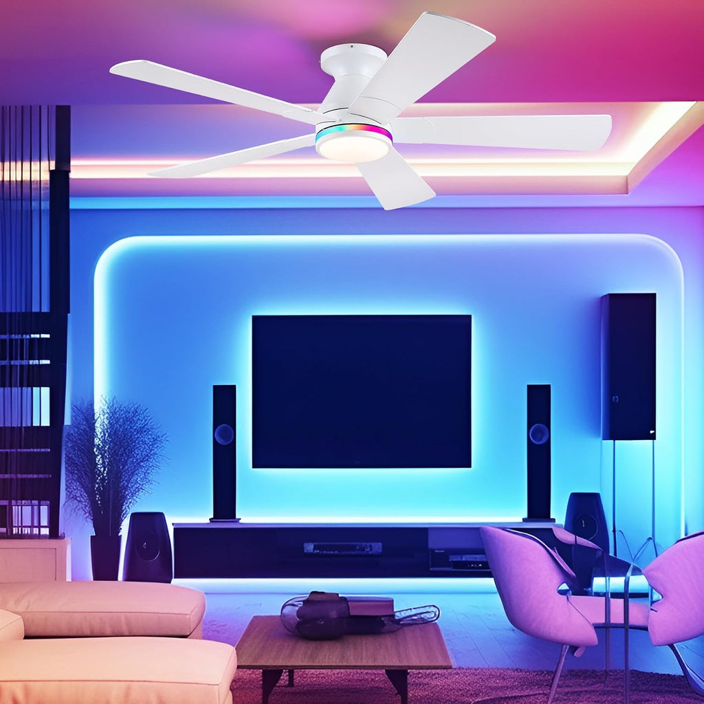 52" Flush Mount RGB Ceiling Fans with Lights - White Low Profile Ceiling Fan Light with Remote/APP, RGB+3CCT 6 Wind Speeds and Reversible, Modern Fan Light Fixture for Party, Kiad's Room A101-B0DTH6C8CD