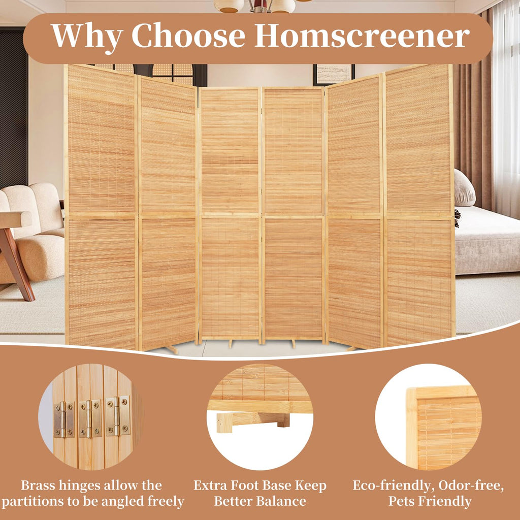 Room Divider Folding Privacy Screens, Hand-Made Natural Bamboo Room Dividers