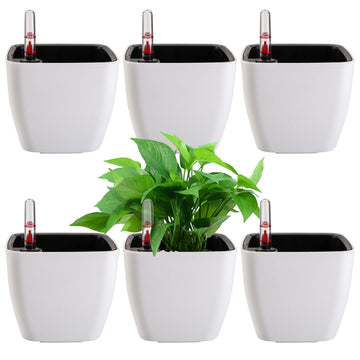 6 Pack Self Watering Planter with Water Level Indicator, 5 Inch Plastic Plant Flower Pots Nested Container for Indoor