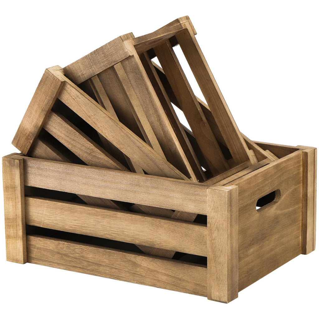 Set of 3 Wood Nesting Storage Crates with Handle, Rustic Farmhouse Decorative Wooden Crates Distressed Crates Storage