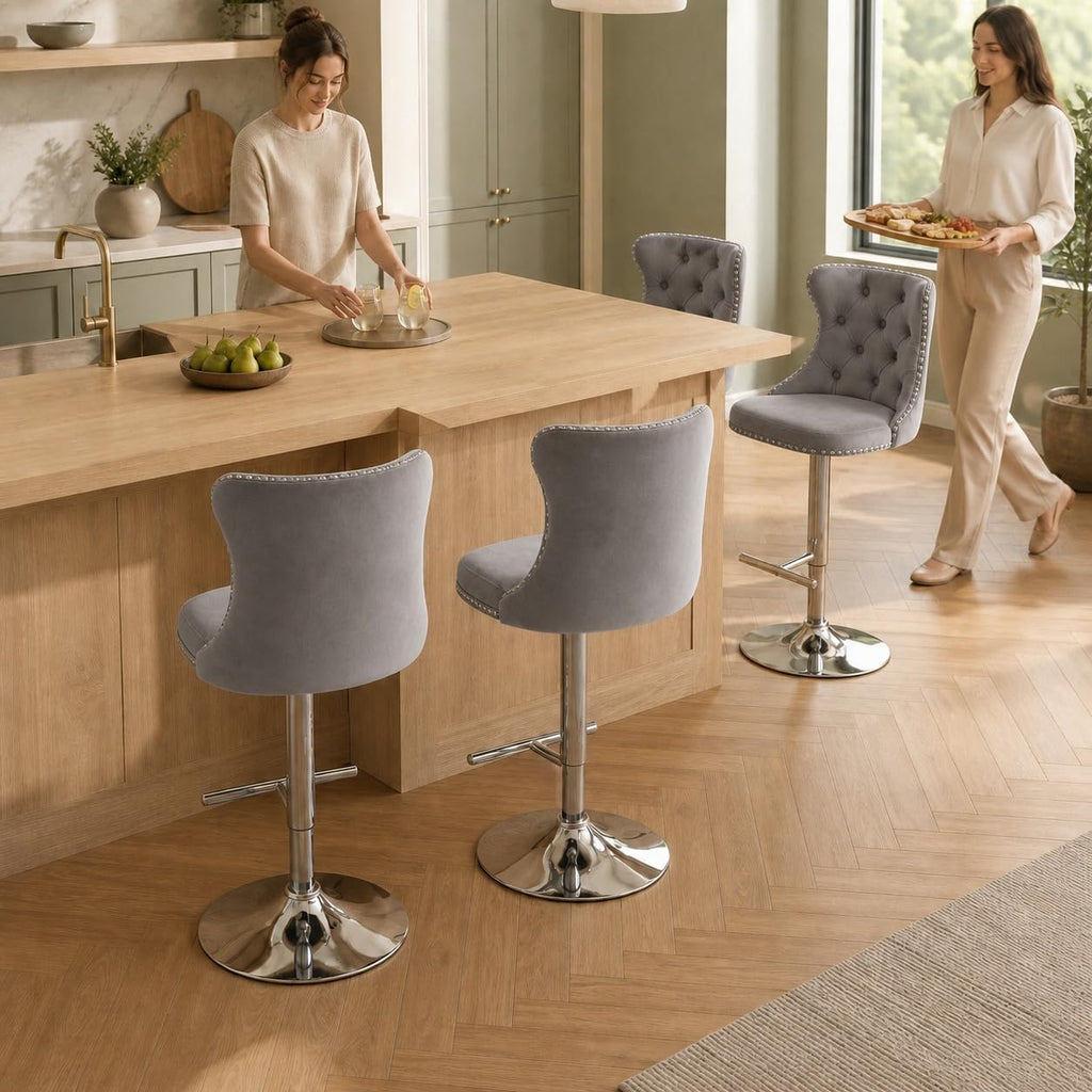 Swivel Counter Height Bar Stools Set of 4, Gray Kitchen Island Barstools, Velvet Adjustable Bar Chairs, Tufted Back