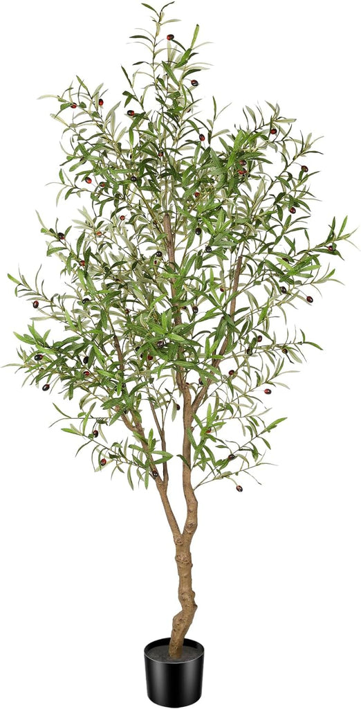 7ft Faux Olive Tree - Fake Potted Olive Silk Tree with Planter Natural Olive Branches and Realistic Leaves Artificial