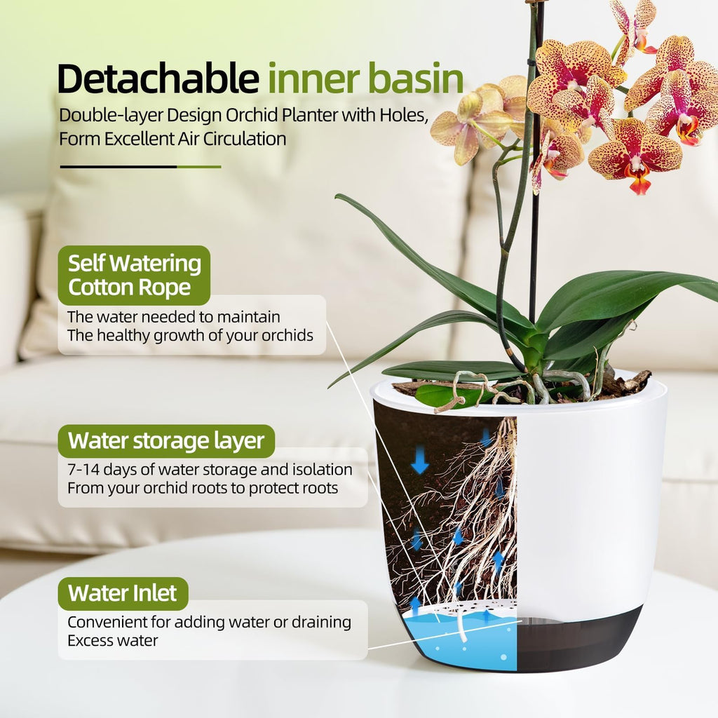2 Pack 5.7 Inch Orchid Pots with Holes for Repotting, Double-Layer and Self Watering Orchid Pot with Good Air