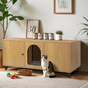 Cat Litter Box Enclosure for 2 Cats, Modern Hidden Litter Box Furniture with Double Room, Large Cat House Washroom