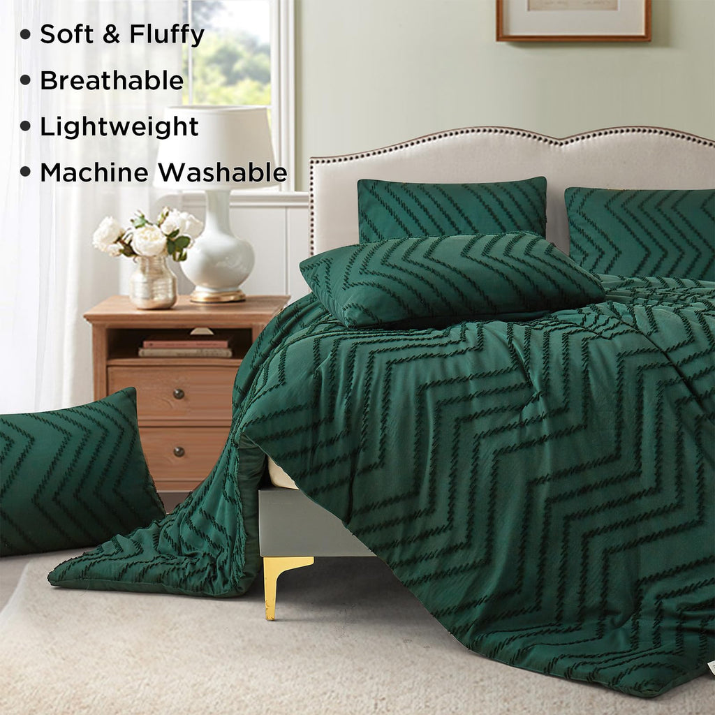Tufted Boho King Size Comforter Set, Emerald Green Bohemian Farmhouse Bedding Set, 3 Pieces All Season Soft