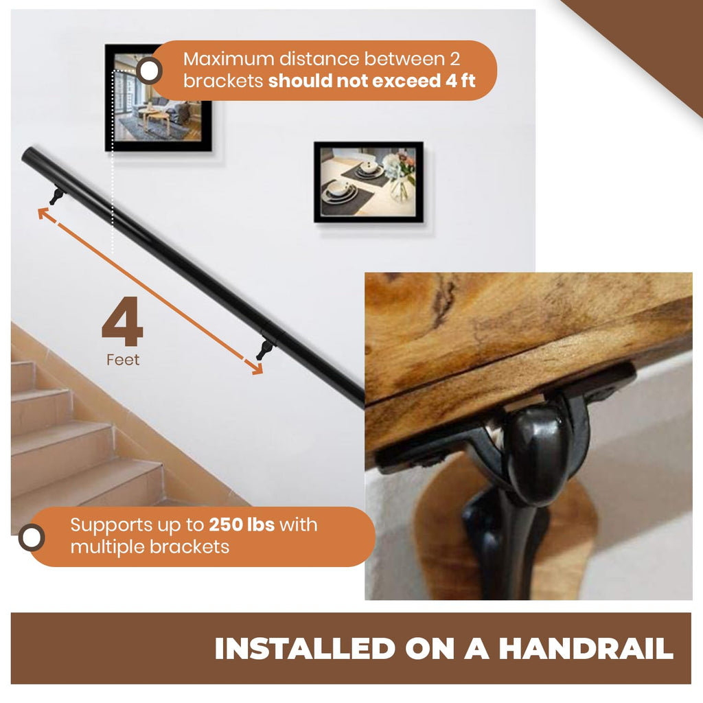 Cast Iron Handrail Brackets, Set of 8, Heavy Duty, Black Powder Coat