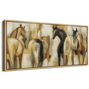 Extra Large Framed Canvas Print Wall Art Abstract Horse Equestrian in Neutral Beige and Brown Illustrations Modern