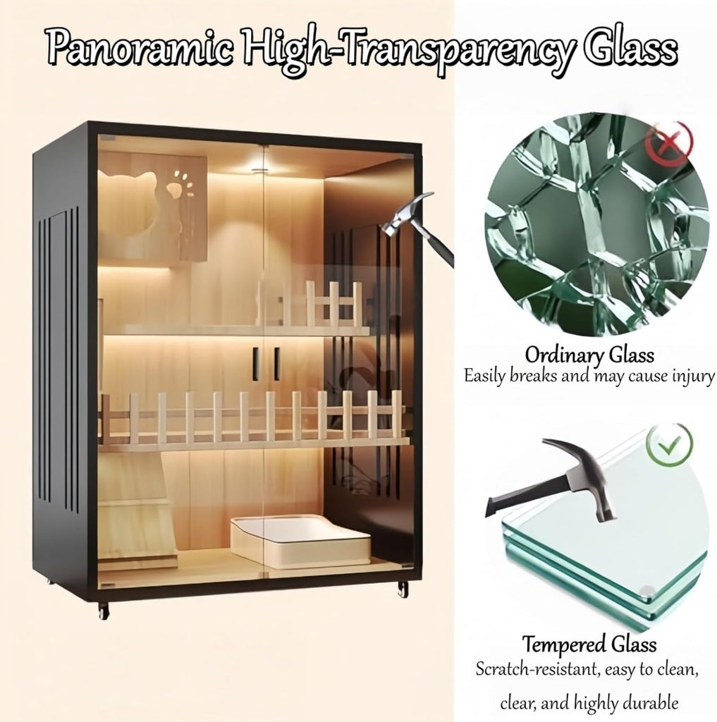 Black Cat House with Tempered Glass Door - Multi-Level Wooden Cattery Cage with Lockable Wheels, Easy to Move