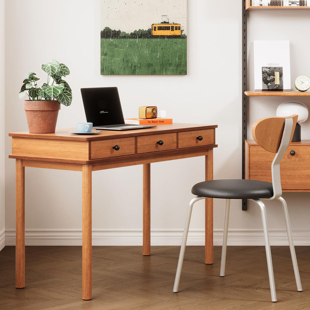 Mid‐Century Wood Writing Desk with 3 Storage Drawers, Solid Wood Legs Home Office Computer Workstation