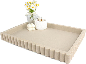 Decorative Tray for Coffee Table, Modern Tray Decor, 14" Beige Resin | Scalloped Coffee Table Tray Decor. Large
