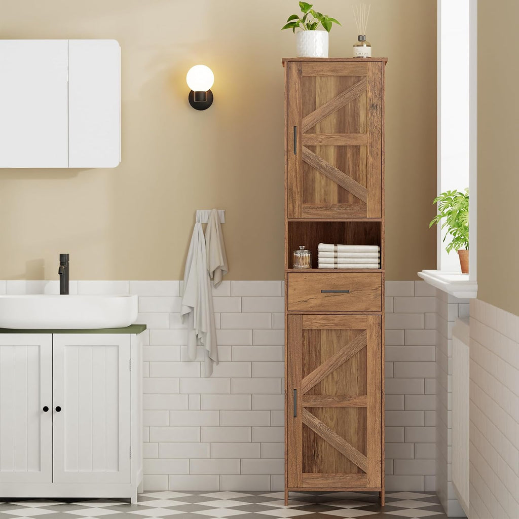 67" H Tall Bathroom Storage Cabinet with Barn Doors and Drawer | Narrow Storage Unit with Adjustable Shelves, Floor