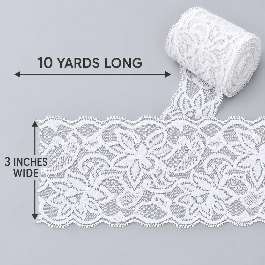 3 Inch Elastic Lace Trim, 10 Yards Floral Ribbon, Bleached White