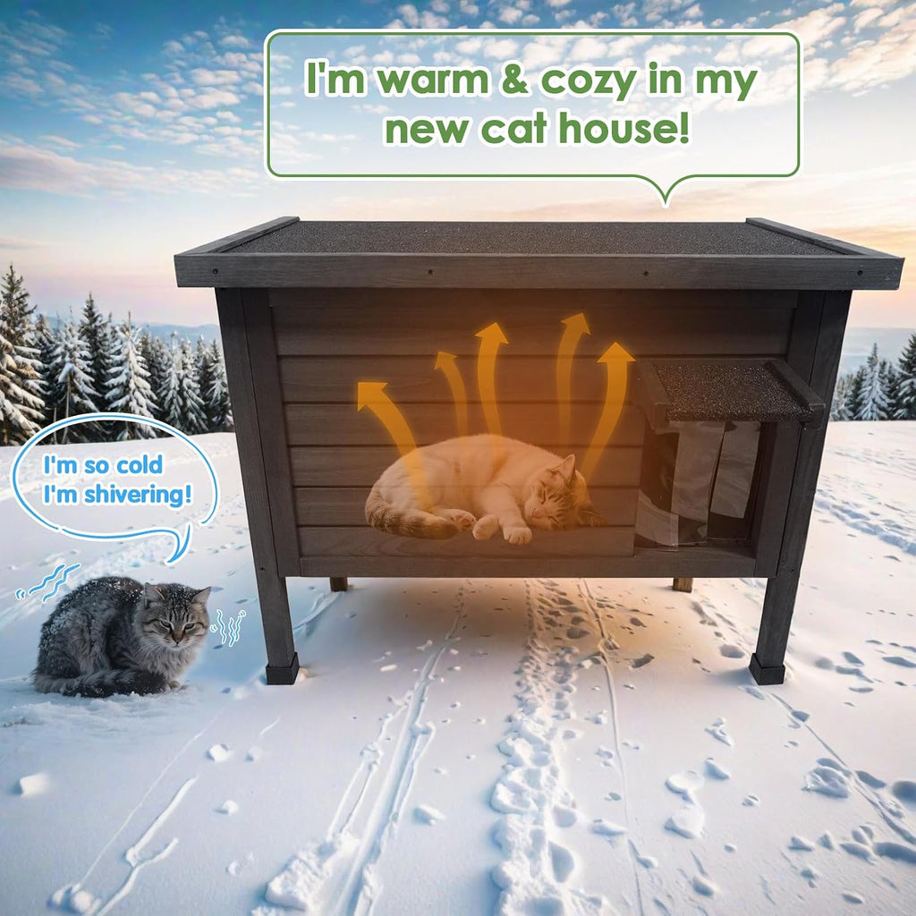 Outdoor Insulated Cat House, Weatherproof Wooden Cat Shelter for Feral Cats