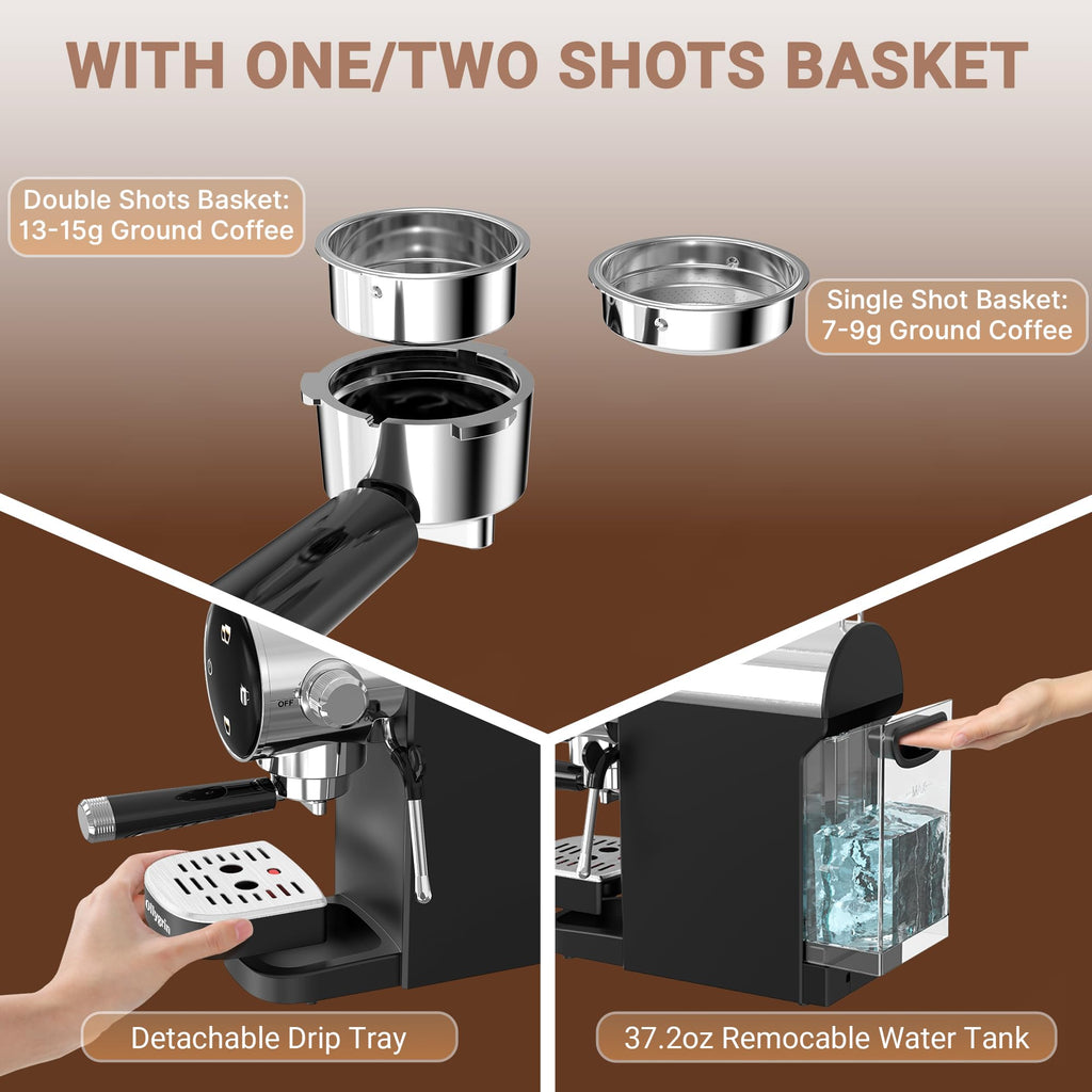 20 Bar Espresso Machine, Semi-Automatic Espresso Machine with Milk Frother, Compact Espresso Maker with Removable