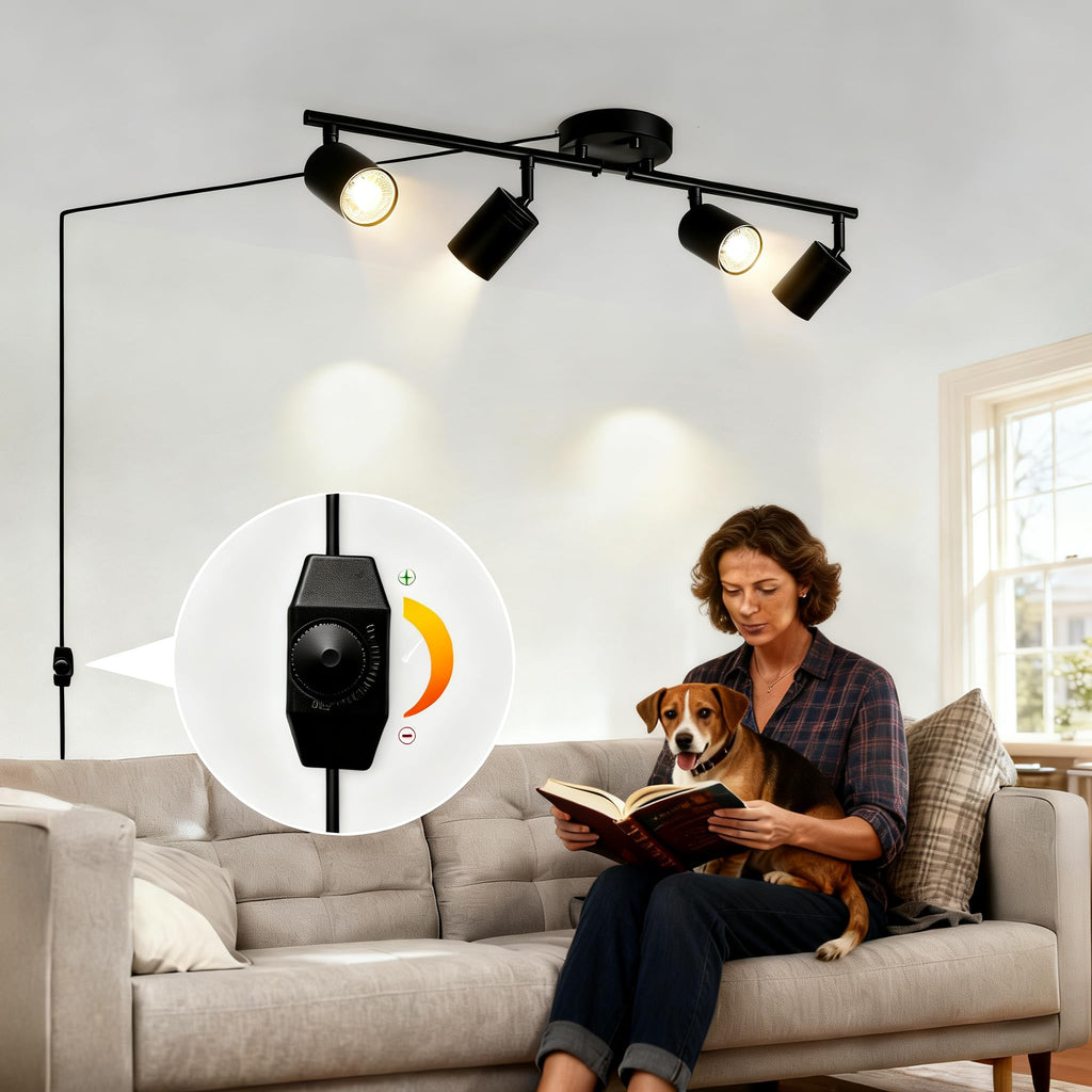 (Bulbs Included) Plug in Dimmable Track Lighting, 4 Way Ceiling SpotLight Kit Matte Black, 20ft Long Cord