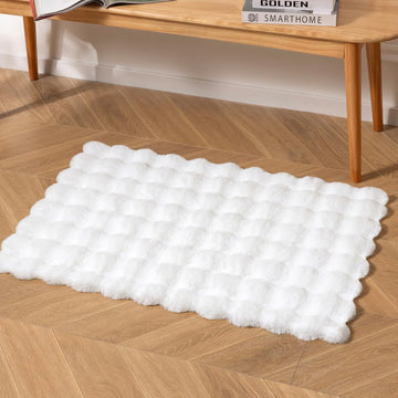 Faux Rabbit Fur Rug, White Fluffy Soft Runner Area Rugs, Rectangle Fuzzy Carpet, Machine Washable - 3D Bubble