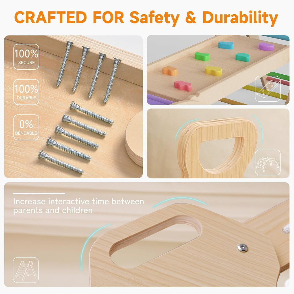 Large Triangle Set with Cushion,7 in 1 Foldable Baby Jungle Gym with Ramp & Arch,Wooden Montessori Toddler Climbing
