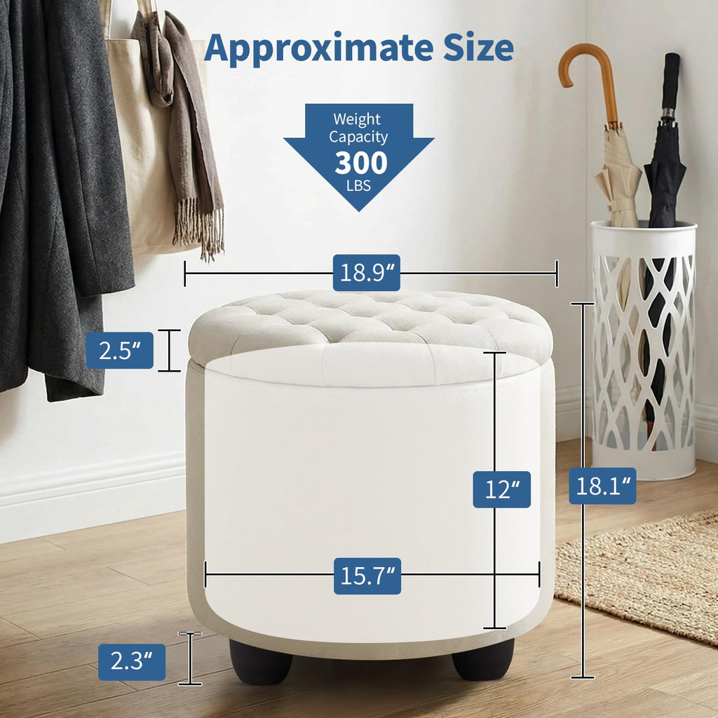 Modern Round Storage Ottoman, Button Tufted Ottoman Foot Stools Ottoman Footstool with Removable Lid Storage Ottoman