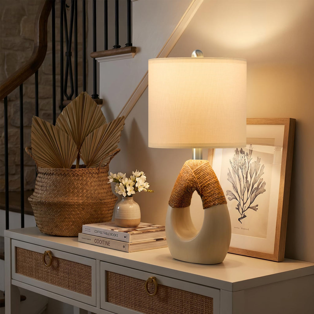 19" Boho Table Lamps Bedroom Living Room, Suitable for Small Space, Farmhouse Rattan Lamp Rustic Egg Design Resin